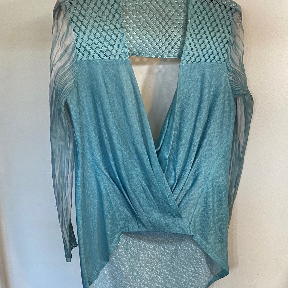 Komarov Seafoam Green Draped V-Neck Blouse